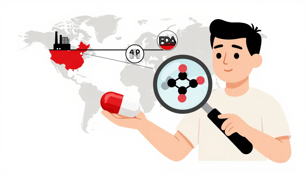 Due pillole di colori diversi con strutture molecolari identiche al loro interno, in stile Bauhaus con mappe e sigilli regolatori.