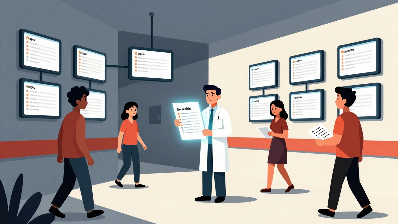 Farmacista al centro di schermi disconnessi, collega i dati con un piano luminoso mentre pazienti sono confusi.