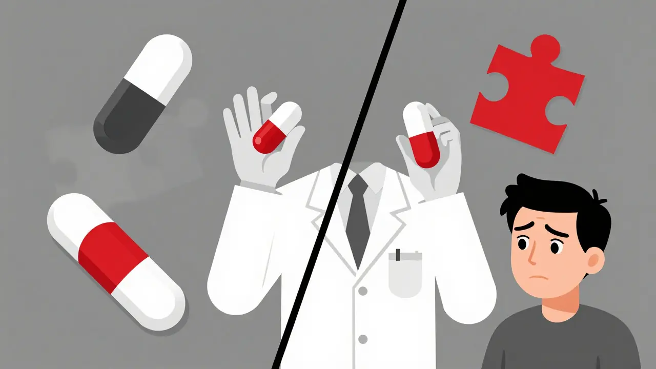 Farmacista che confronta farmaco di marca e generico con rappresentazioni astratte.