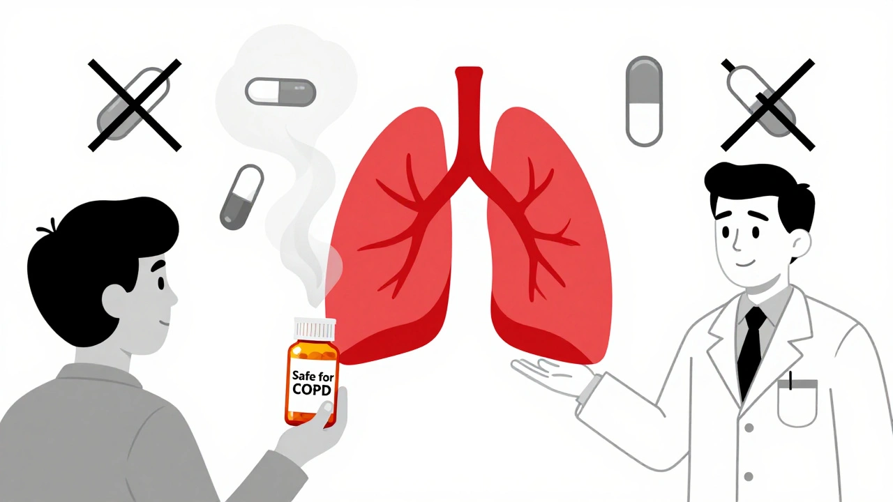 Farmacista consegna una pillola sicura mentre altri farmaci scompaiono, con un polmone sano al centro.