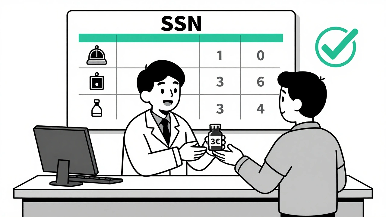 Farmacista italiano consegna un farmaco generico da 3 euro, con sistema sanitario nazionale rappresentato in grafica geometrica.