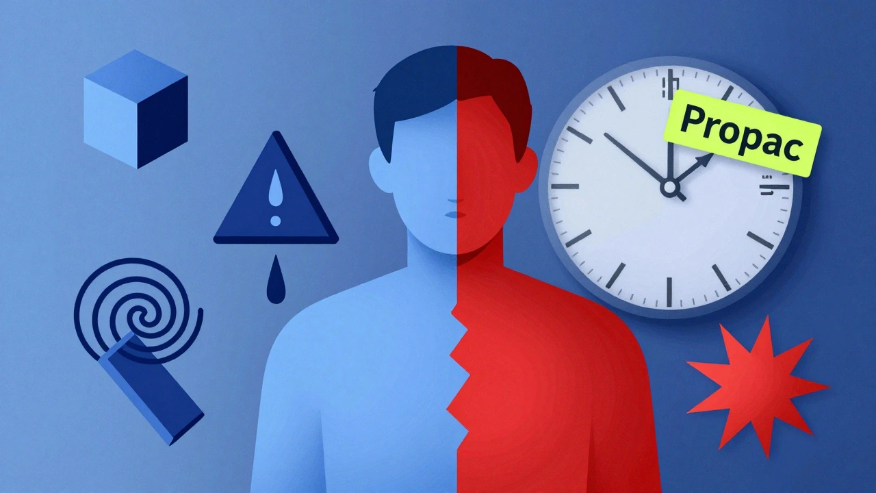 Figura umana divisa tra calma e crisi, con simboli geometrici che rappresentano i sintomi della sindrome da serotonina.