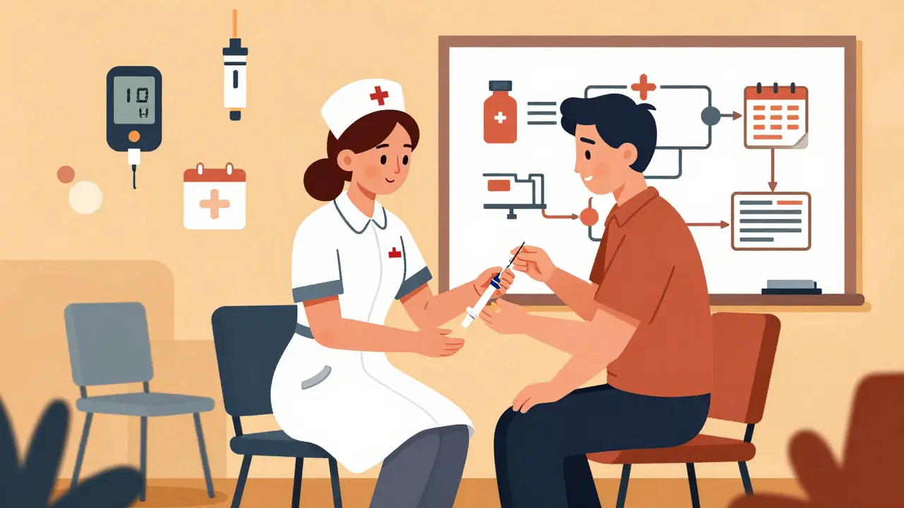 Infermiera addestra un insegnante a somministrare insulina con un simulatore in classe.