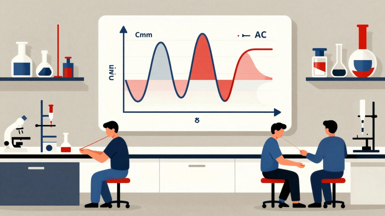 Laboratorio clinico con volontari e curva farmacocinetica in geometrie minimaliste e colori primari.