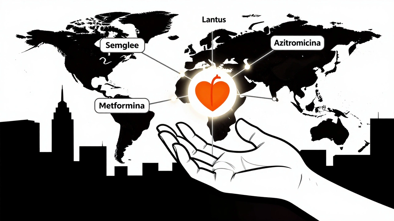 Mano che raggiunge farmaci collegati da linee a un cuore, simbolo di alternative sicure.