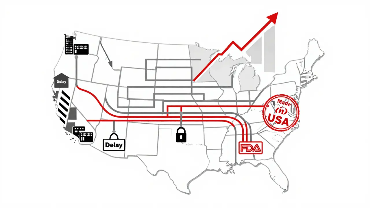 Mappa degli Stati Uniti con catene di approvvigionamento geometriche che mostrano il passaggio dalla produzione estera a quella locale.