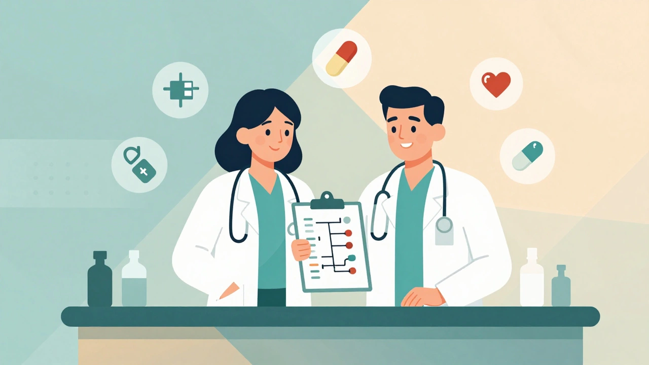 Medico e farmacista discutono alternative terapeutiche con diagrammi geometrici.