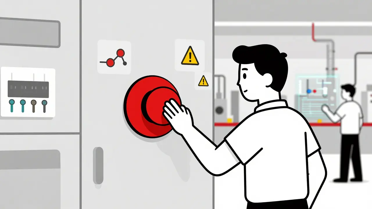 Operatore che preme il pulsante di emergenza rosso in una sala di controllo geometrica, stile Bauhaus.