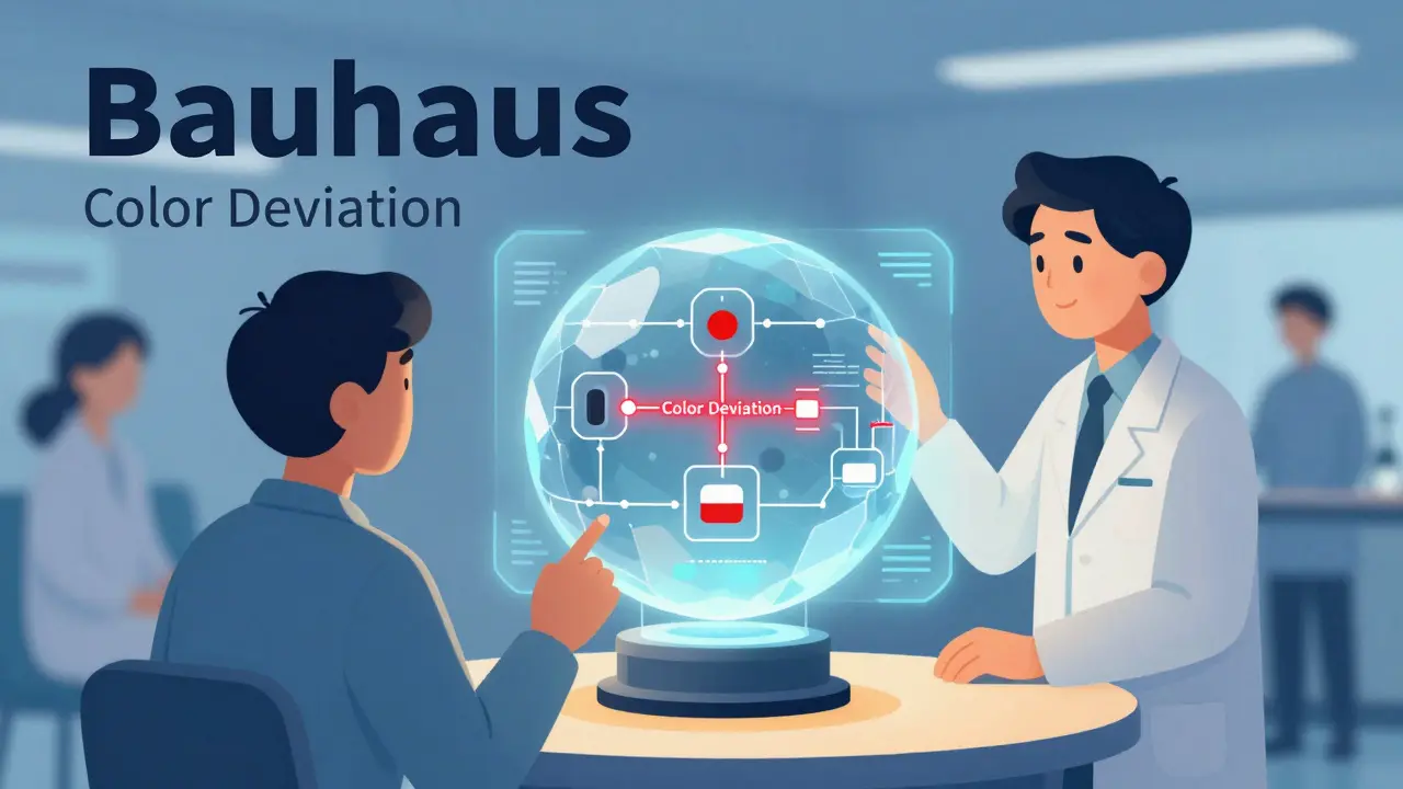 Operatore e interfaccia AI analizzano insieme un difetto di colore in un processo farmaceutico, stile Bauhaus.
