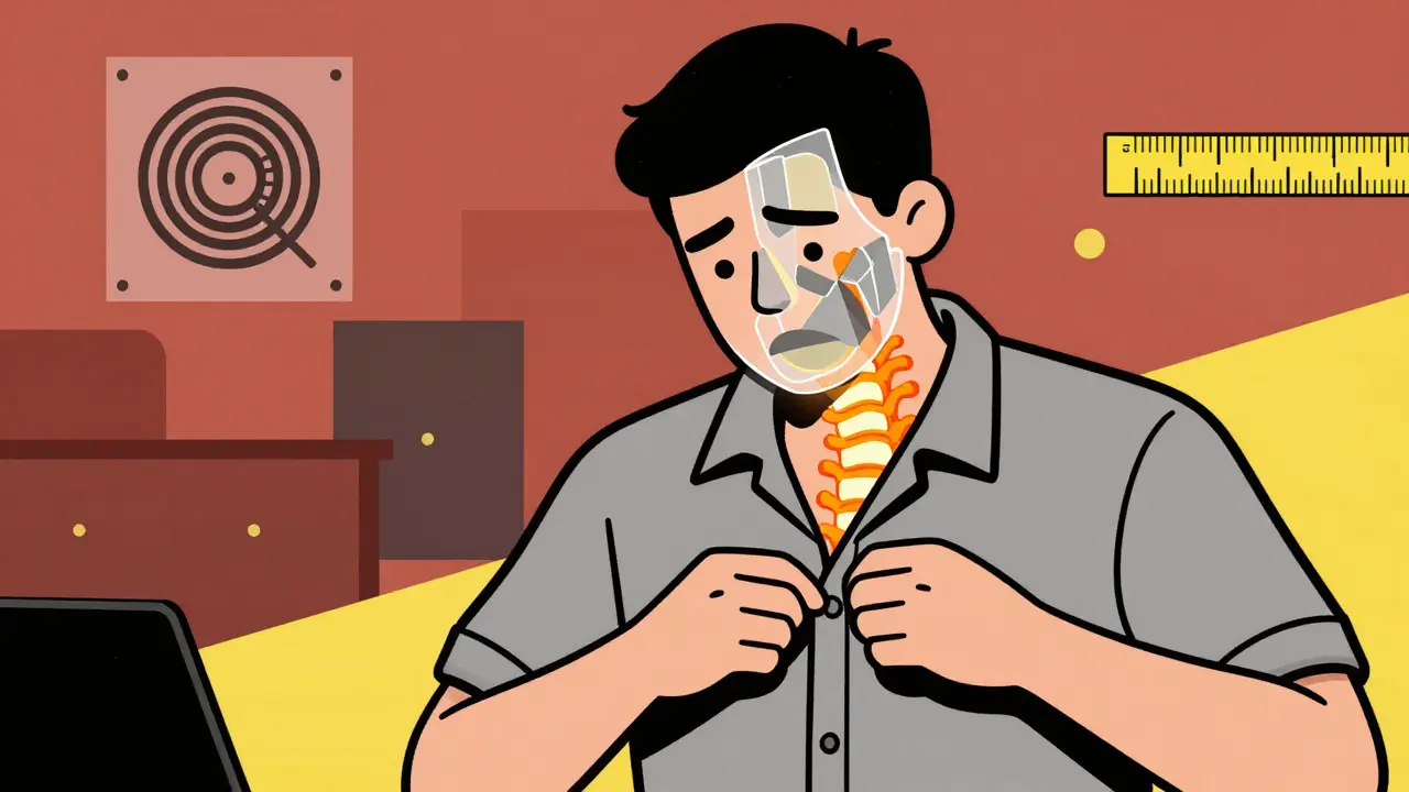 Paziente che fatica a fare i bottoni con sovrapposizione geometrica del midollo spinale compresso, stile Bauhaus.