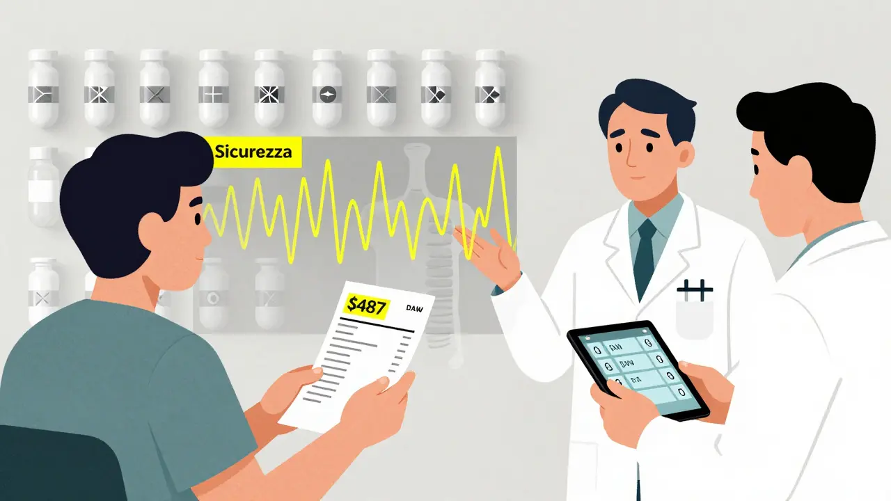 Paziente che guarda un biglietto costoso mentre pillole generiche formano un muro geometrico.