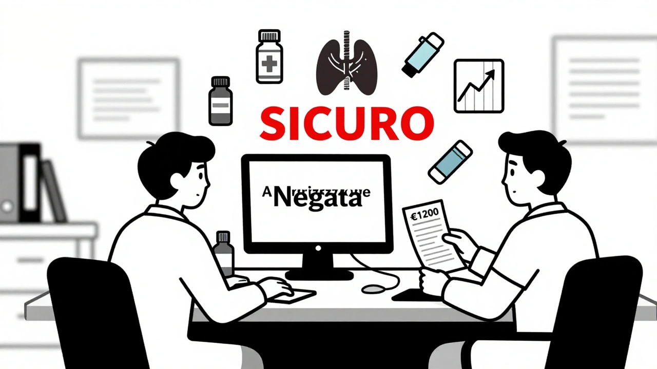 Paziente con ricevuta di risparmio e medico davanti a un rifiuto di autorizzazione, simboli di farmaci e regole in stile Bauhaus.