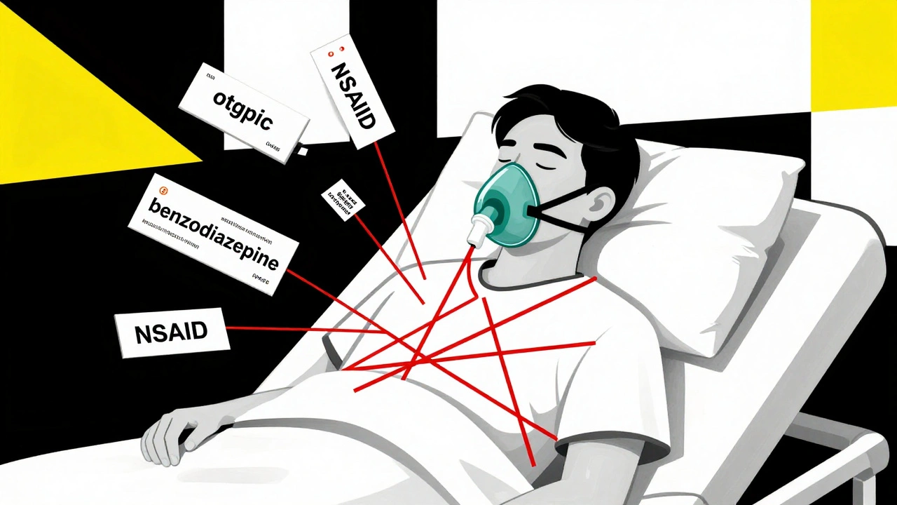 Paziente in ospedale con farmaci pericolosi collegati da linee rosse che formano una rete sul torace.