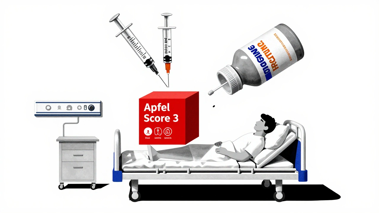 Paziente in ospedale con punteggio Apfel e farmaci in forma geometrica, stile Bauhaus.