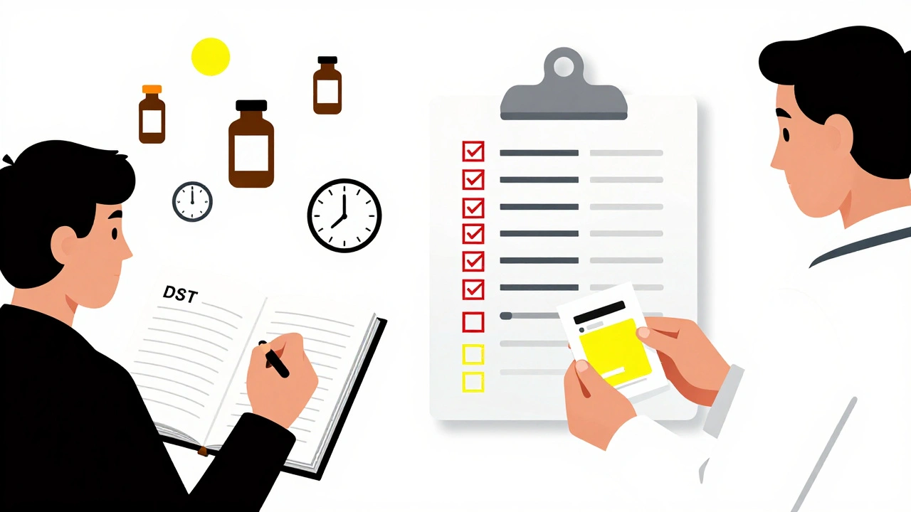 Persona che annota sintomi in un diario e presenta confezioni di farmaci al medico, in stile geometrico Bauhaus.