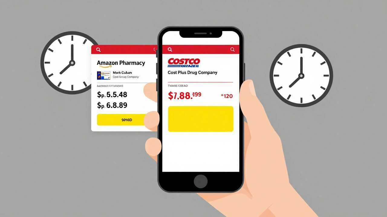 Persona che confronta prezzi su tre siti web di farmacie online, con un orologio che simboleggia il tempo speso.