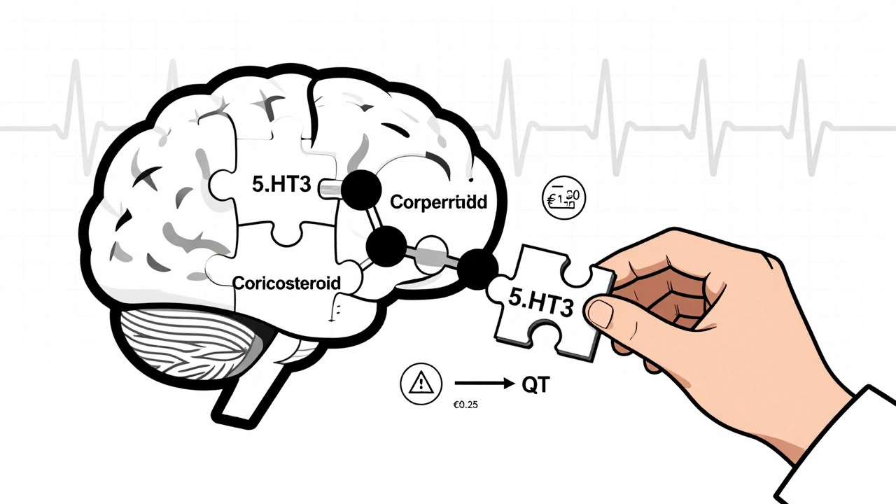 Puzzle molecolare che spiega gli antiemetici in stile Bauhaus con ECG e costi visivi.