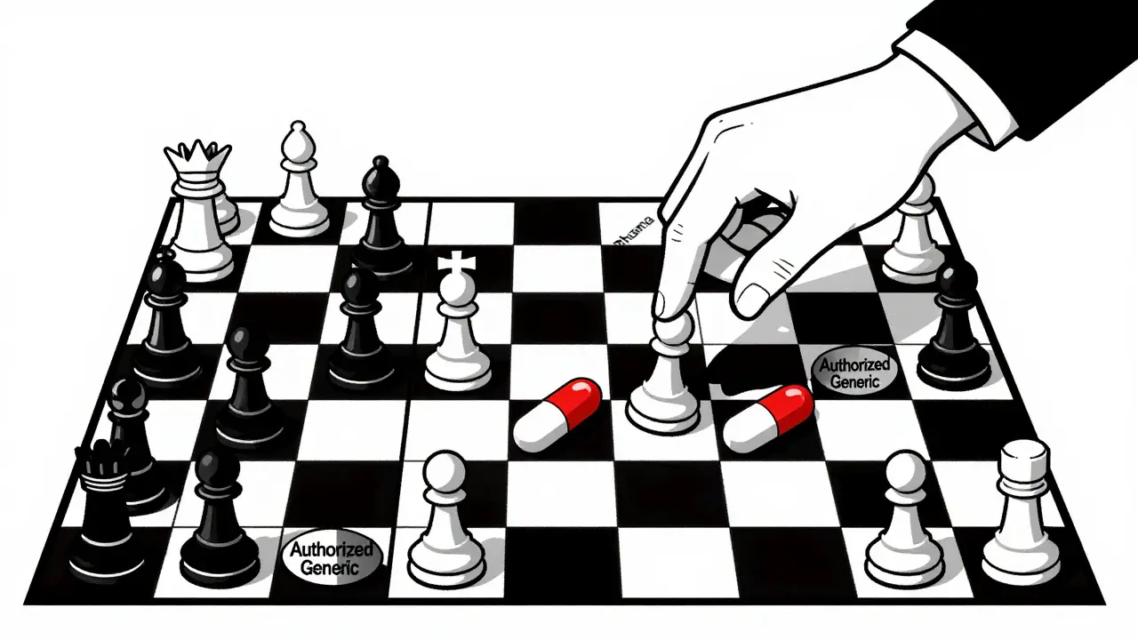 Scacchiera farmaceutica con farmaci di marca e generici autorizzati come pedine in una partita di controllo di mercato.