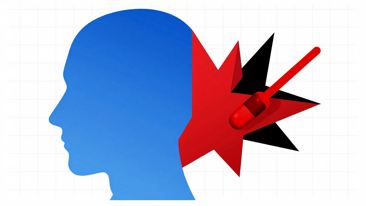 Silhouette umana divisa tra effetti collaterali calmi e reazioni allergiche violente, in stile Bauhaus con forme geometriche.