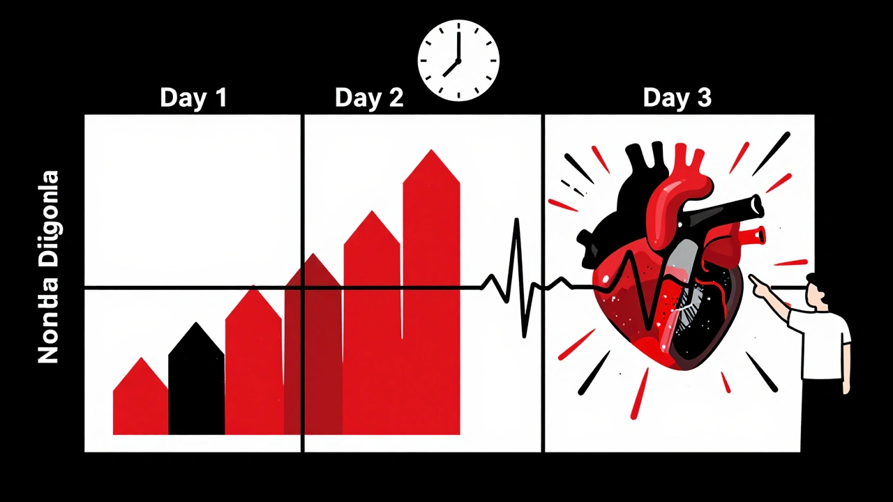 Timeline di 72 ore che mostra l&#039;accumulo tossico di digoxina e le aritmie cardiache.