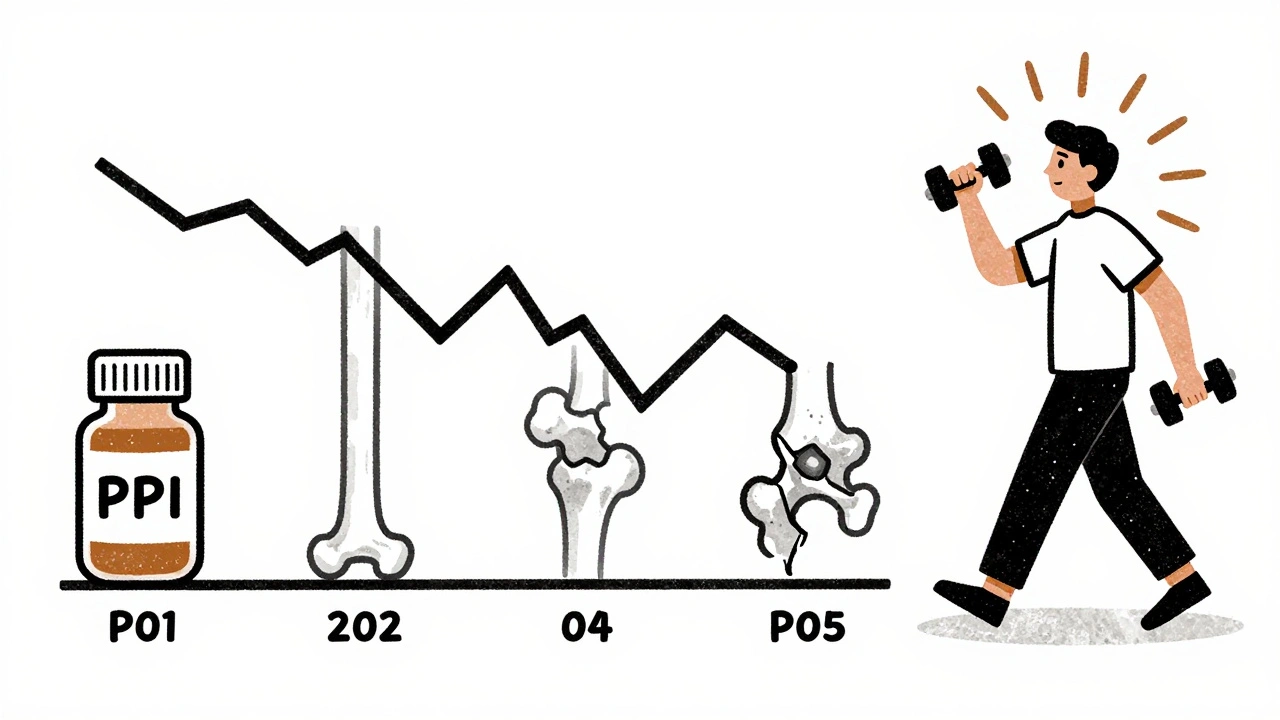 Timeline di cinque anni: pillola PPI che porta a frattura ossea, contrastata da attività fisica.