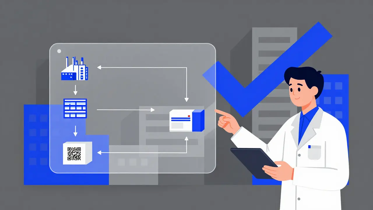 Un farmacista scannerizza una confezione farmaceutica con un tablet, visualizzando un percorso digitale.