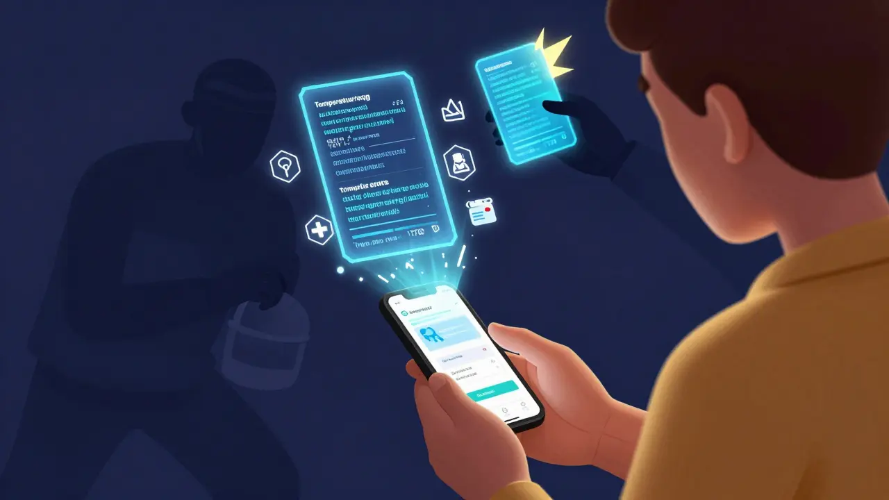 Un paziente verifica un farmaco con uno smartphone, un passaporto digitale si svela in forme geometriche.