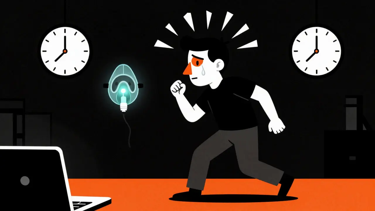 Uomo in crisi di cefalea a grappolo, con occhio rosso e maschera di ossigeno, orologio che segna le 2:00.