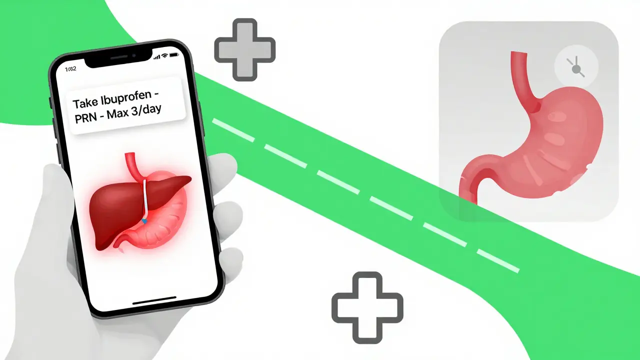 App per farmaci che mostra avvisi PRN con rappresentazioni geometriche di dosaggi corretti e rischi.