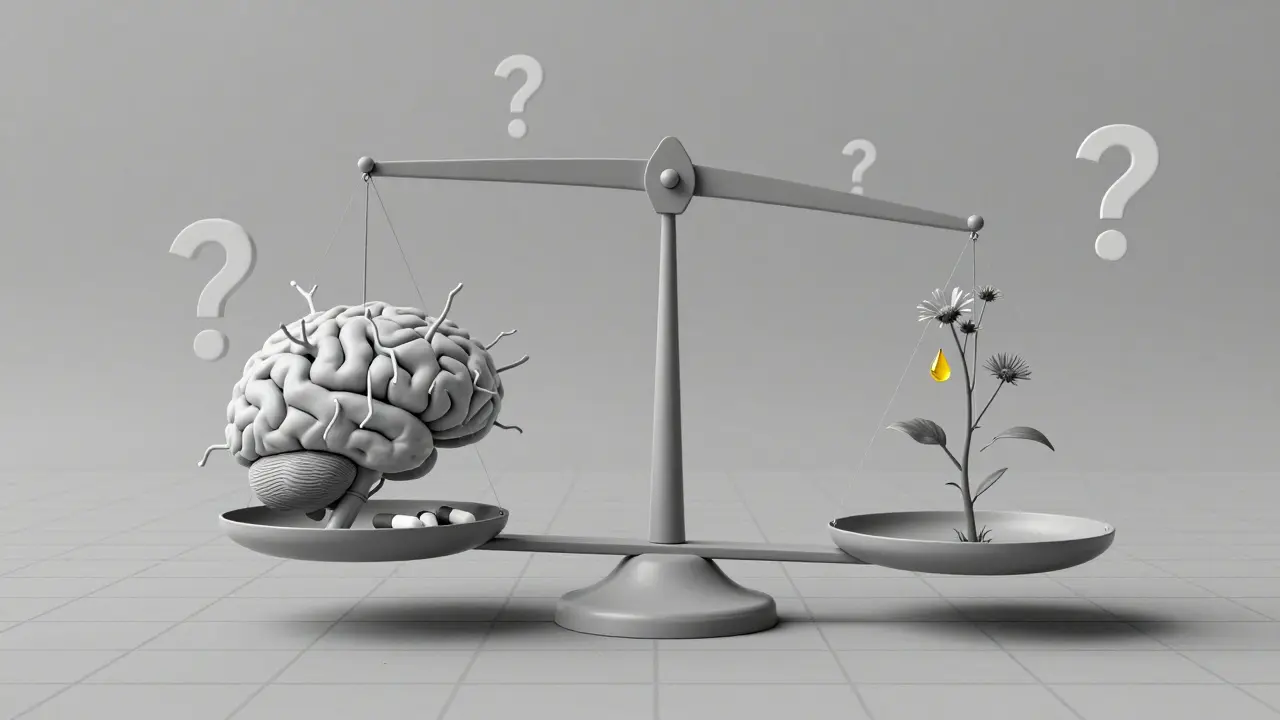 Bilancia astratta con cervello convulsivo da un lato e pianta di enotera dall'altro, in stile Bauhaus.