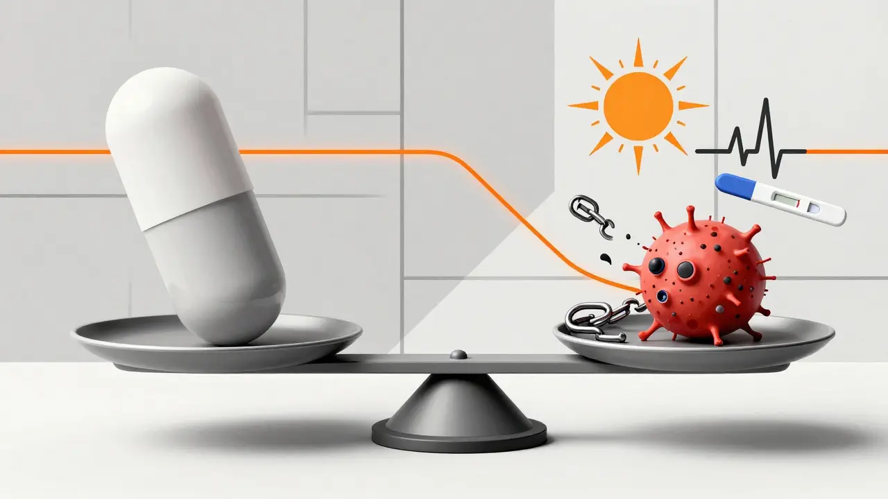 Bilancia che equilibra una pillola cabergolina contro un tumore in riduzione, simboli di salute in stile Bauhaus.