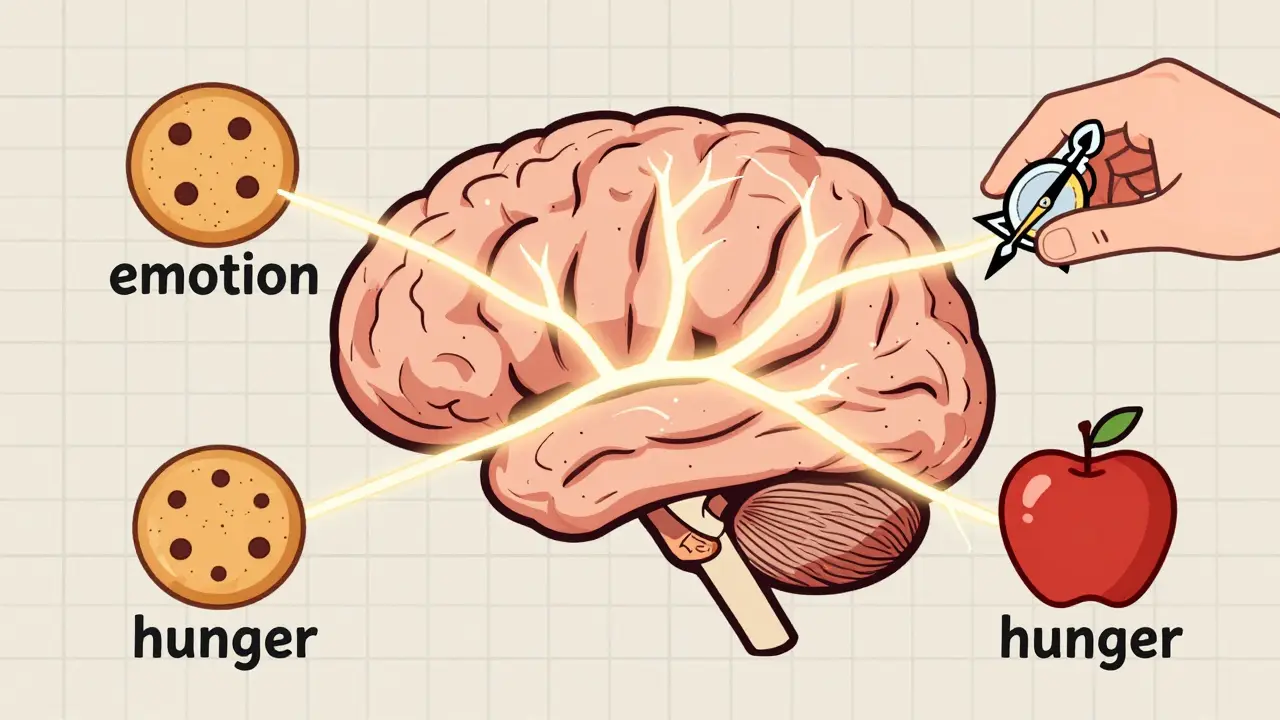 Cervello stilizzato con vie neurali che distinguono fame da emozione, guidato da un simbolo di consapevolezza.