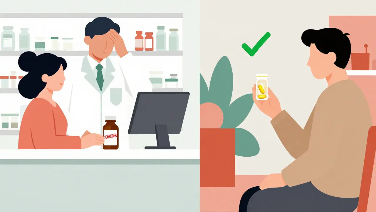 Contatore di farmacia con due percorsi: olio di enotera con avvertimento o alternative sicure come olio di pesce.