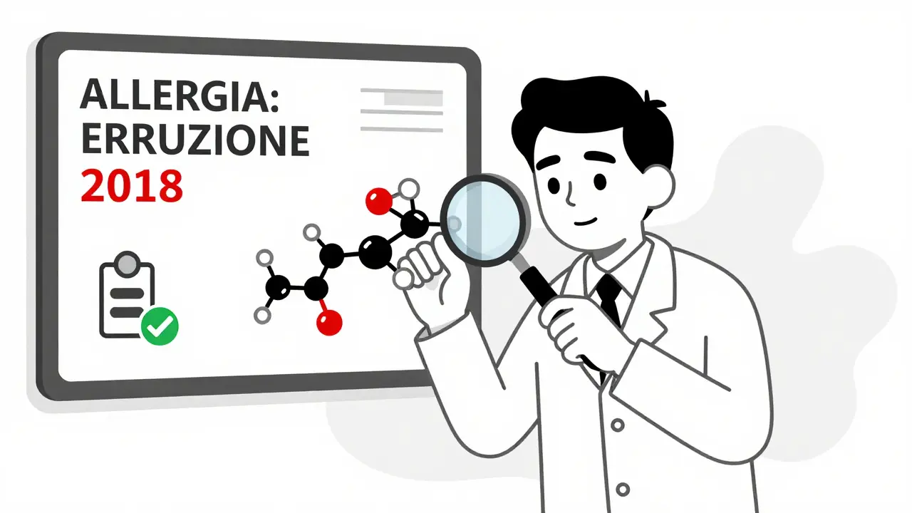Dottore con lente di ingrandimento su struttura molecolare, farmaci sicuri contrassegnati da checkmark verdi.