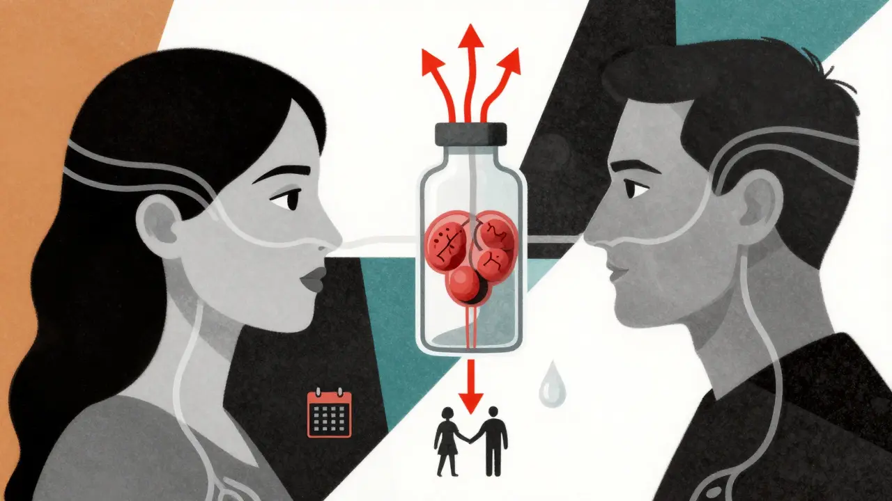 Due figure umane collegate a una ghiandola pituitaria a forma di pillola, con flussi ormonali visivi in stile Bauhaus.