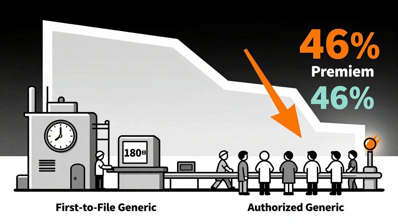 Due linee di produzione farmaceutica in competizione, con un grafico che scende in stile Bauhaus.