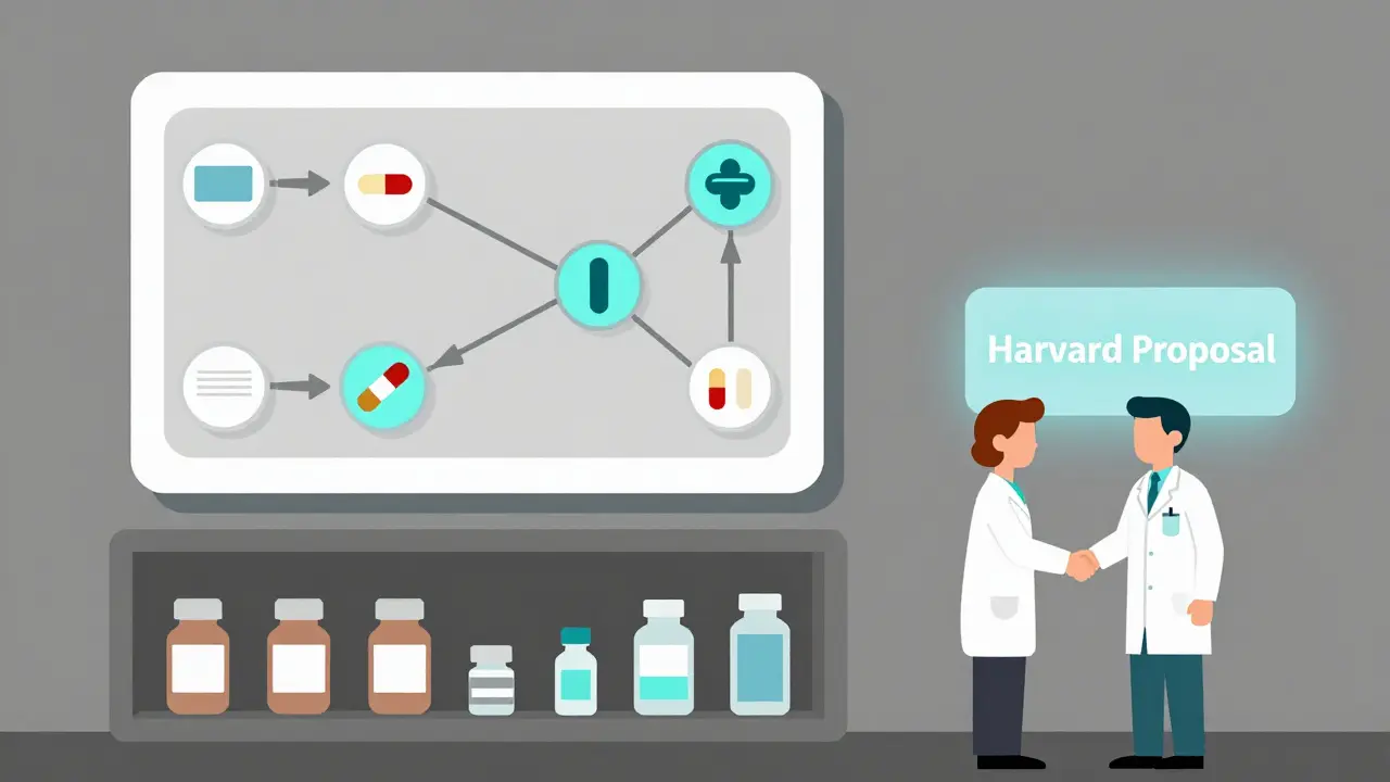 Etichetta condivisa che collega farmaci generici e di marca in un sistema digitale, con farmacista e paziente che si stringono la mano.