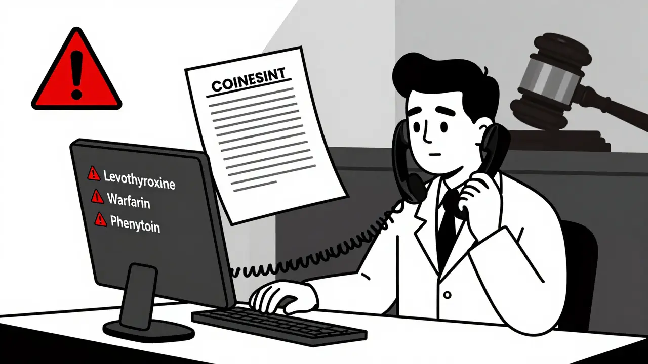 Farmacista che osserva avvisi su farmaci a indice terapeutico stretto, con modulo di consenso e telefono in sospeso.