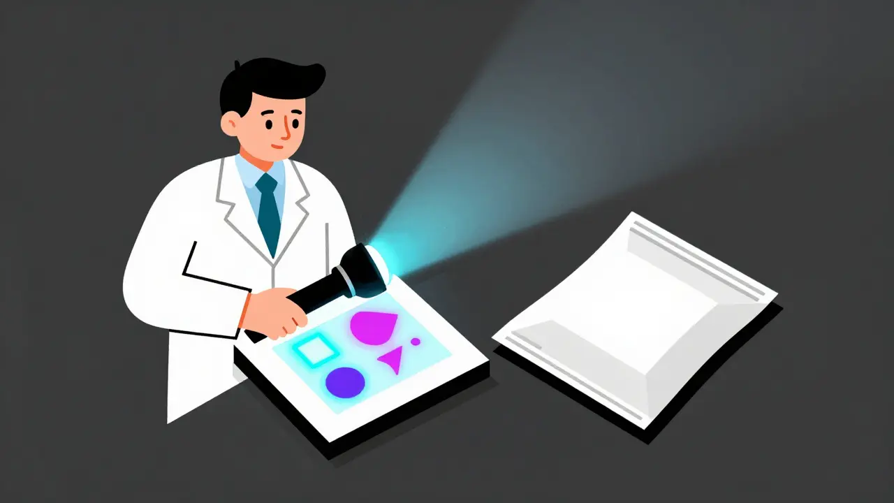 Farmacista che usa una lampada UV per rivelare simboli fluorescenti su un'etichetta di farmaco.