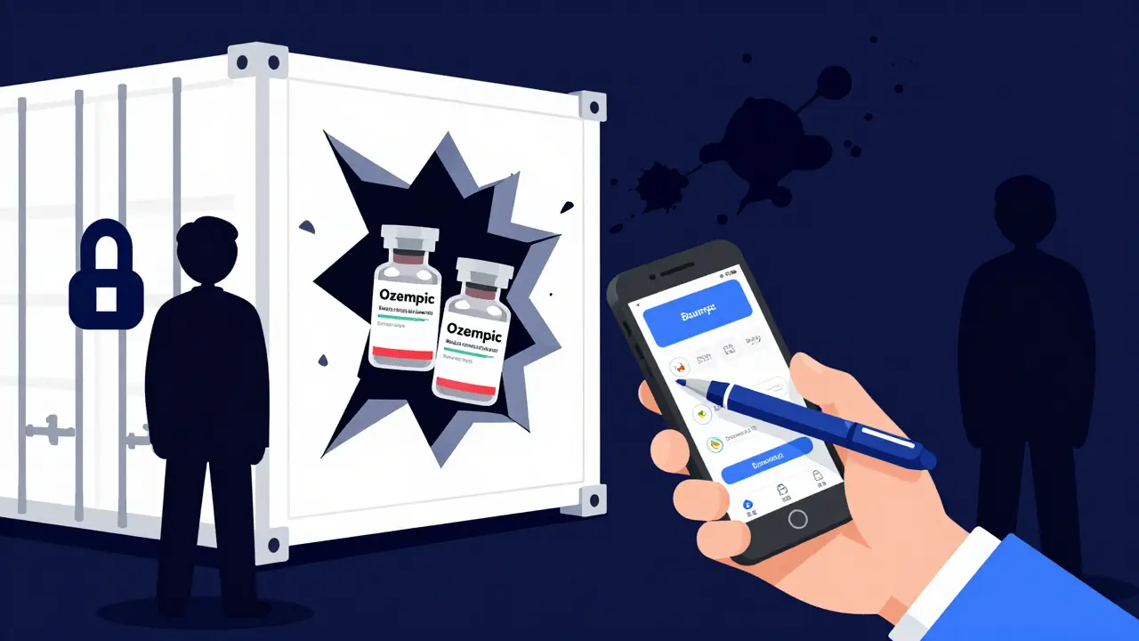 Mano che scansiona una penna per farmaco con un'app, mentre vial falsi vengono contrabbandati in un container.