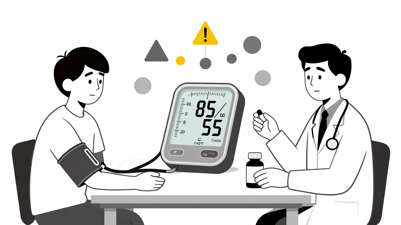 Medico e paziente con misuratore di pressione che segna valori bassi