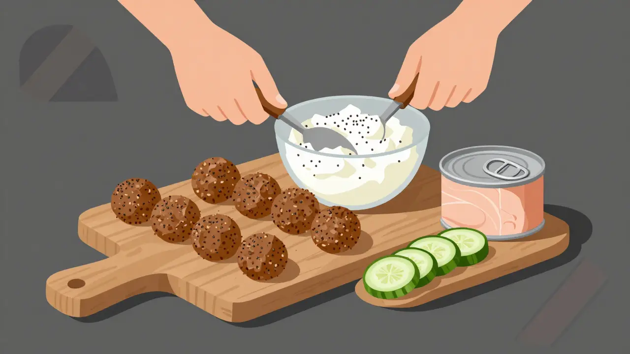 Palle proteiche fatte in casa, cottage cheese con semi di chia e tonno con cetrioli su tagliere.