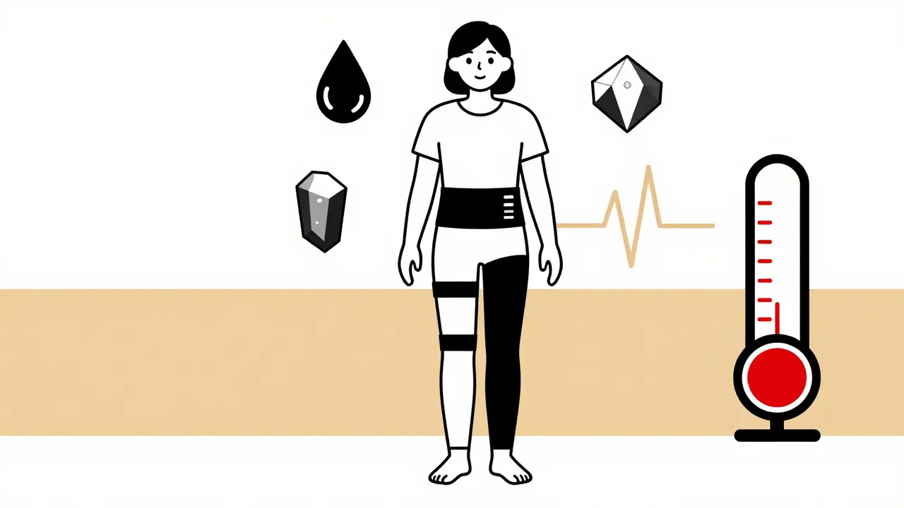 Paziente con calze a compressione e fascia addominale, simboli di gestione della neuropatia autonoma in stile Bauhaus.