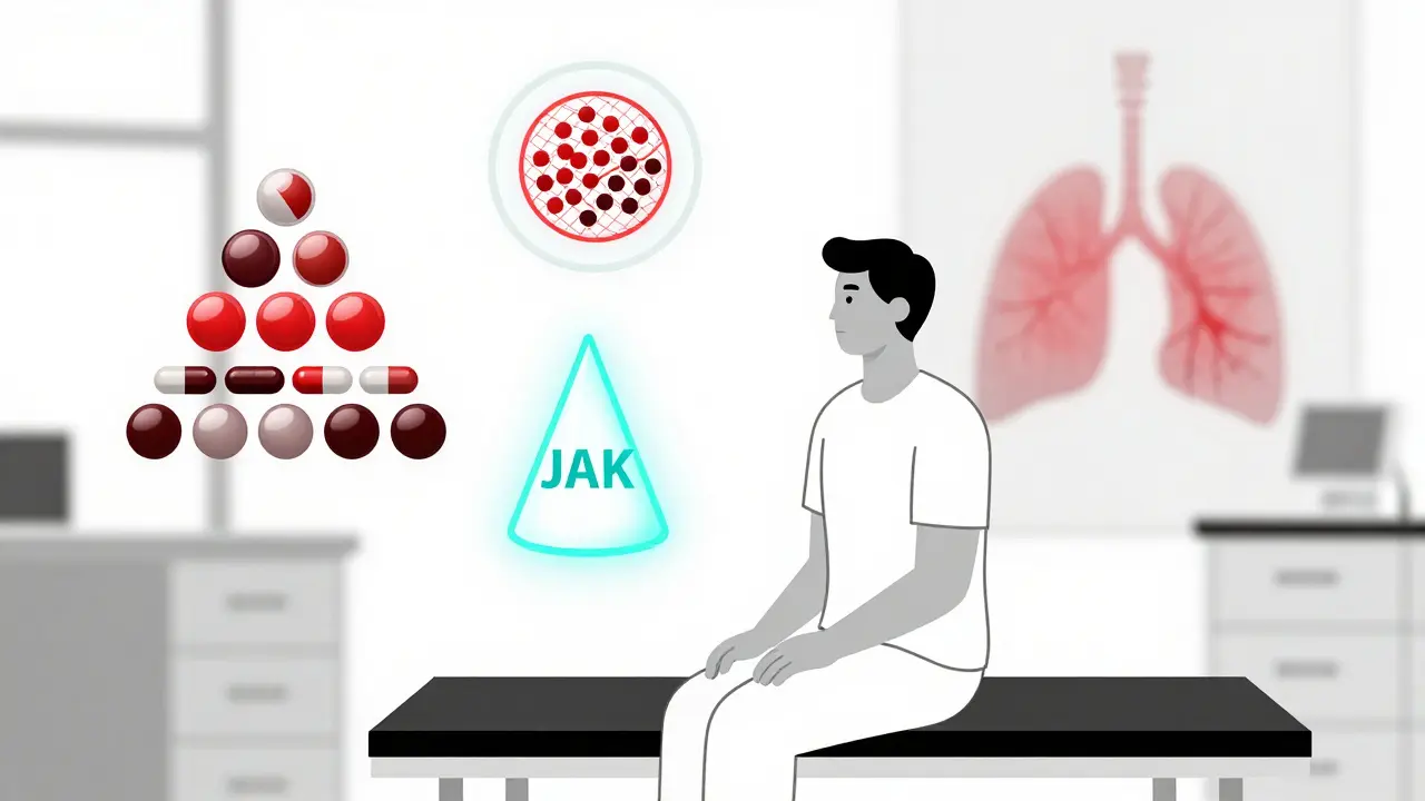Paziente in clinica con simboli astratti di farmaci e sintomi nascosti, stile Bauhaus.