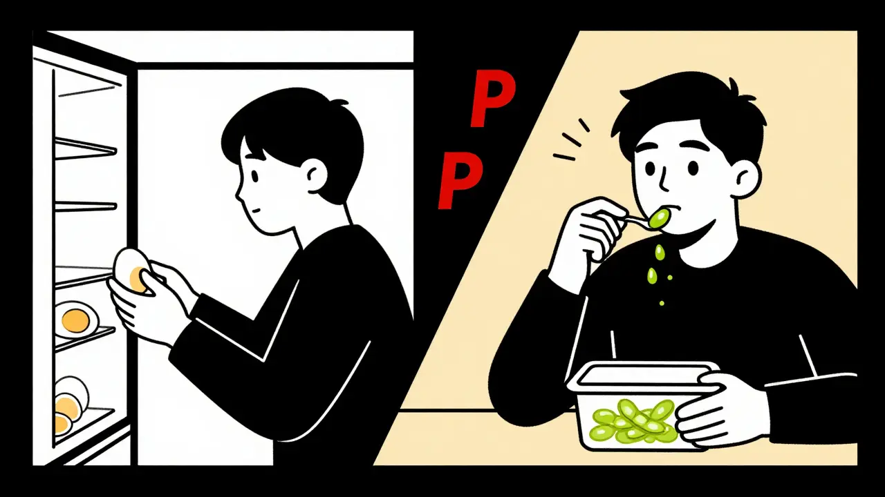 Persona che prende un uovo sodo al mattino e mangia edamame a metà giornata in stile Bauhaus.