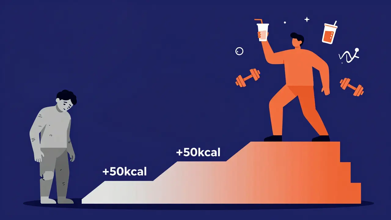 Persona che sale scale di aumento calorico, trasformandosi da stanca a energica, con simboli di proteine e pesi.