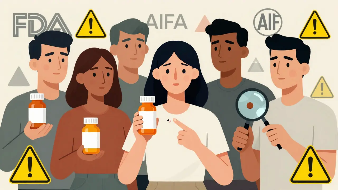 Persone che ispezionano con attenzione confezioni di farmaci, una individua un errore di ortografia sull'etichetta.