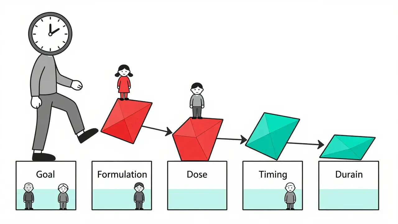 Protocollo di sonno in forme geometriche con figure di bambino e anziano che assumono dosi diverse.