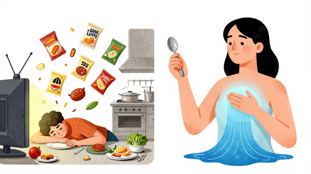 Scena a due facce: caos emotivo a sinistra, serenità consapevole a destra, stile Bauhaus.