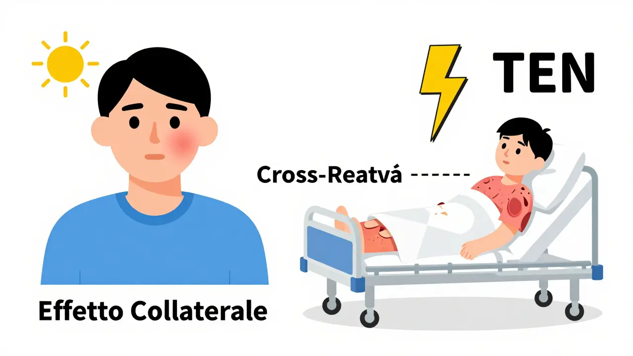 Scena divisa: eruzione lieve vs. TEN, simboli geometrici e colori contrastanti per mostrare differenze di rischio.